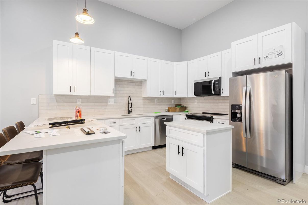 Interior, Kitchen, Pendant Lights, Stainless Steel Appliances, Wood Texture Flooring