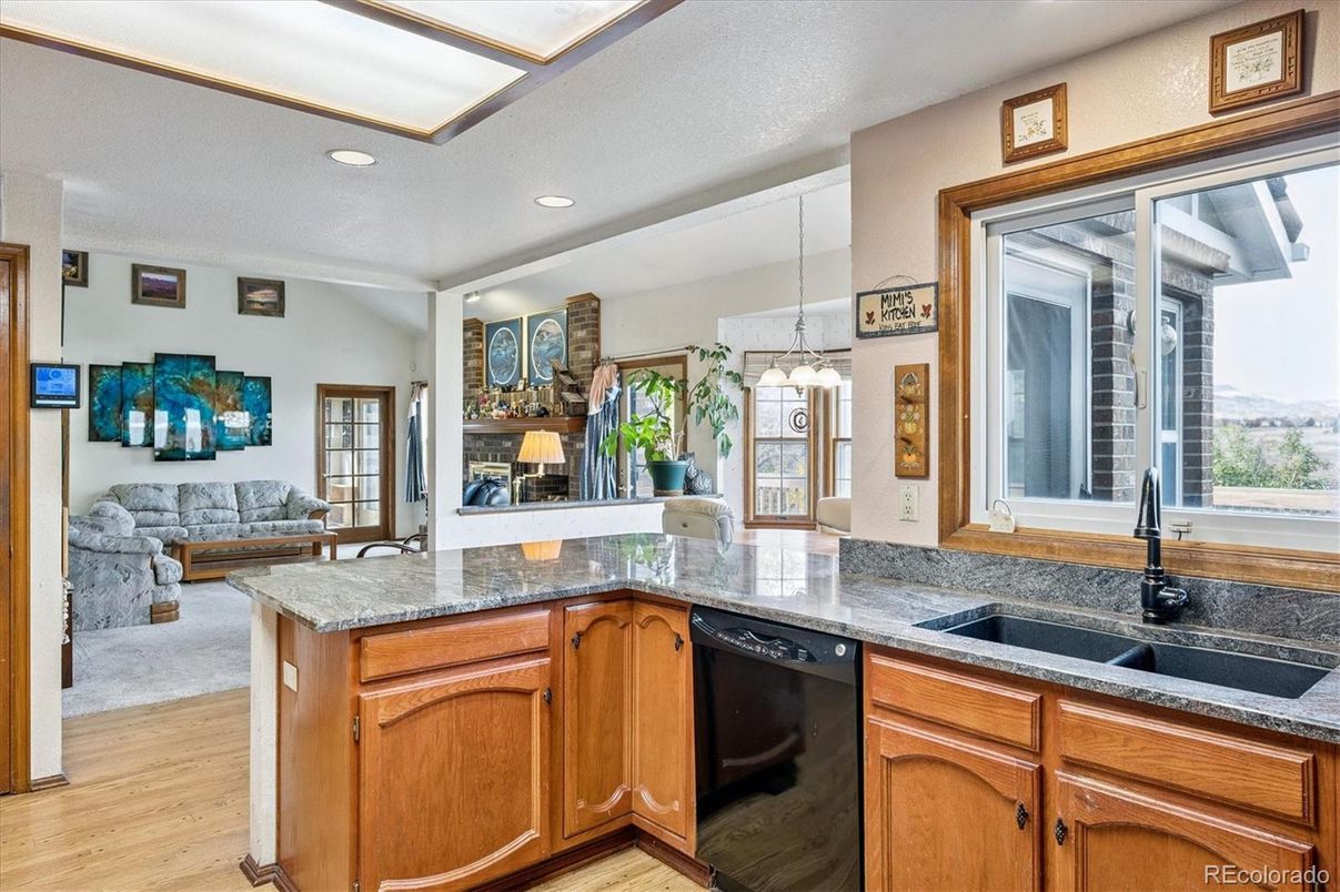 Fireplace, Interior, Kitchen, Pendant Lights, Recessed Lighting, Wood Texture Flooring