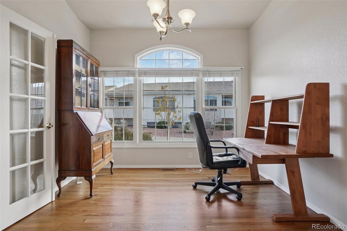 Chandelier, Home Office, Interior, Wood Texture Flooring