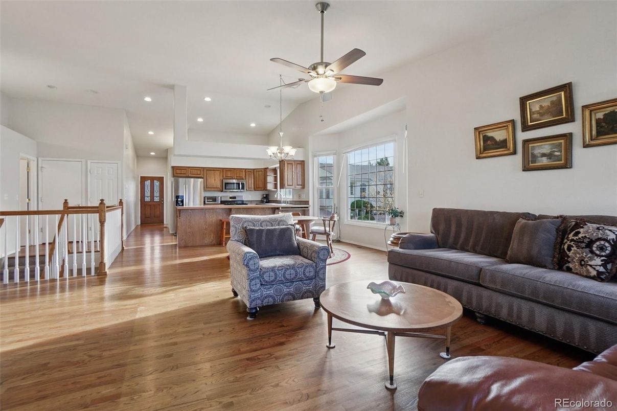 Chandelier, Interior, Kitchen, Living room, Recessed Lighting, Stainless Steel Appliances, Wood Texture Flooring