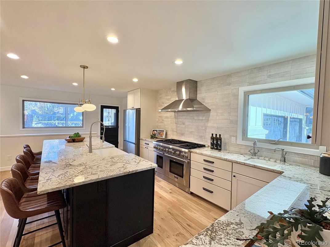 Interior, Kitchen, Pendant Lights, Recessed Lighting, Stainless Steel Appliances, Wood Texture Flooring