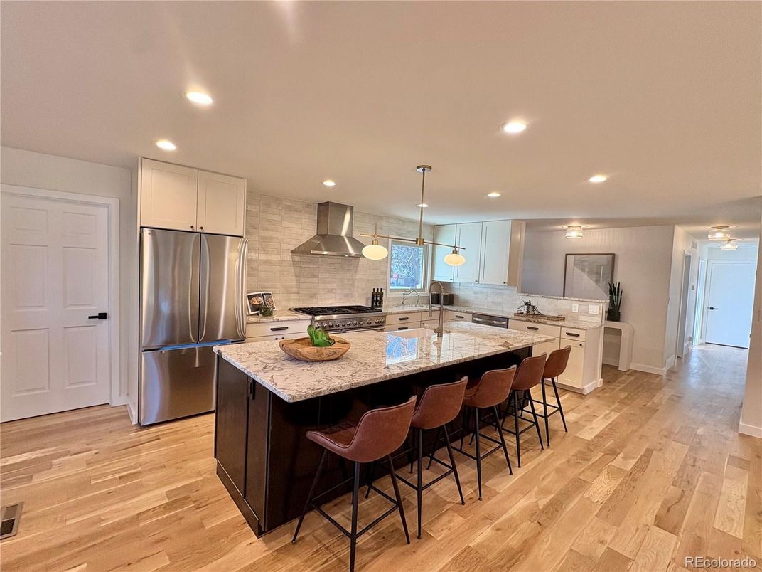 Interior, Kitchen, Pendant Lights, Recessed Lighting, Stainless Steel Appliances, Wood Texture Flooring