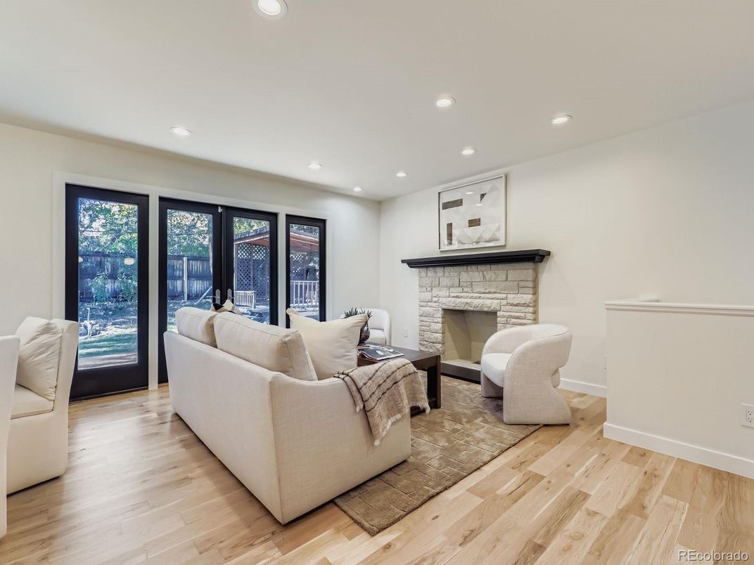 Fireplace, Interior, Living room, Recessed Lighting, Wood Texture Flooring