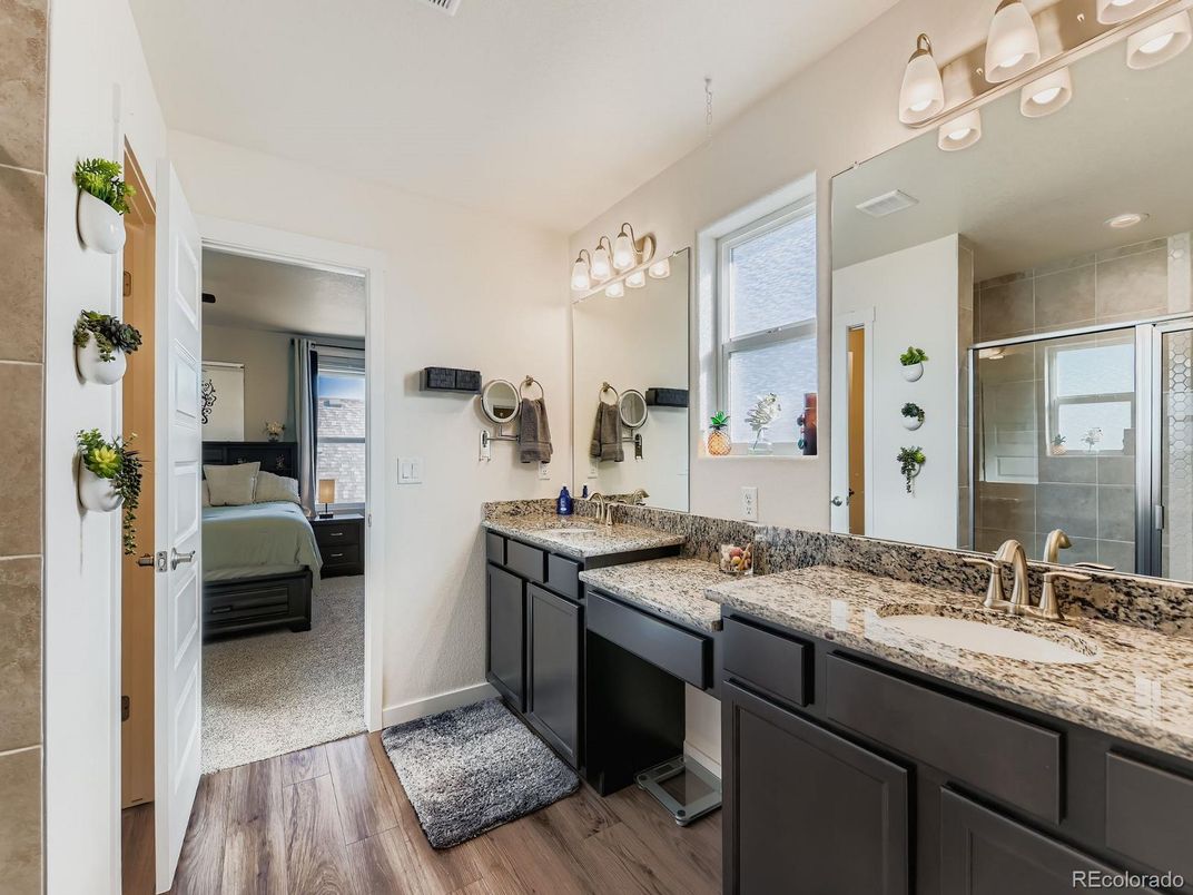 Bathroom, Bedroom, Dual Sink Vanities, Glass Shower, Interior, Wood Texture Flooring