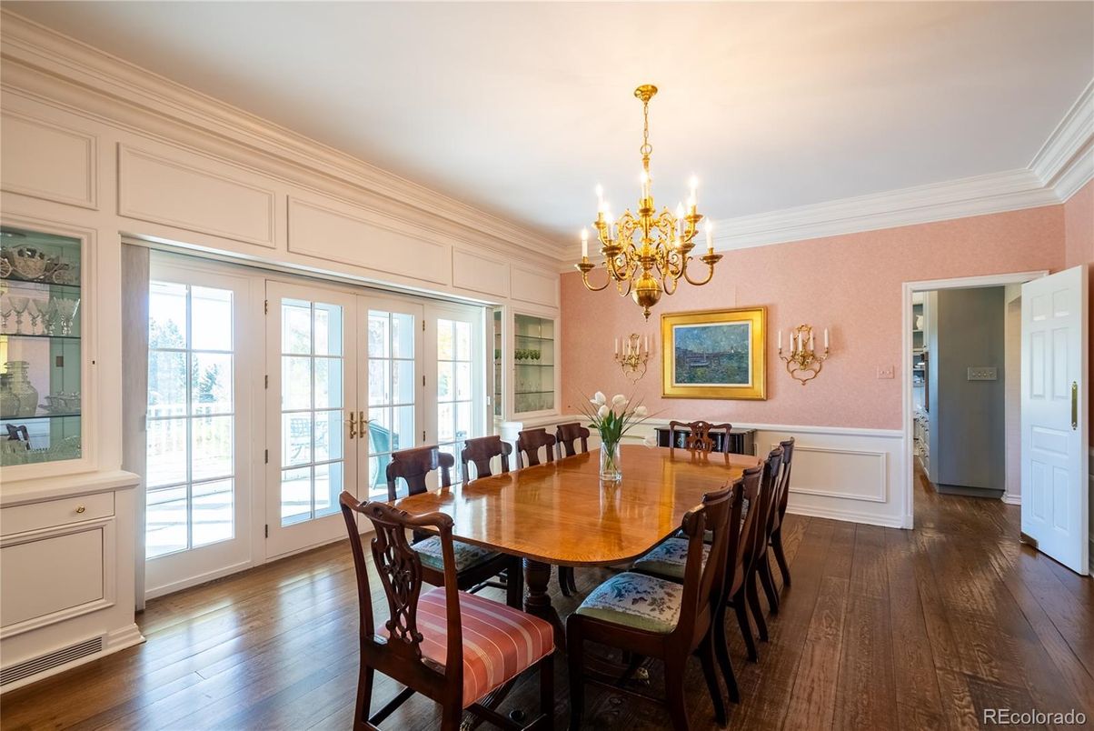 Chandelier, Dining room, Interior, Wood Texture Flooring