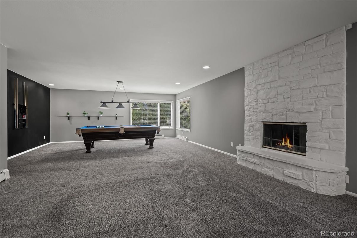 Billiard Table, Fireplace, Game Room, Interior, Pendant Lights, Recessed Lighting, Stone Walls