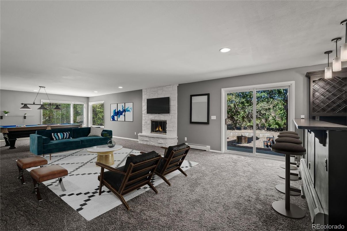 Billiard Table, Fireplace, Game Room, Interior, Living room, Pendant Lights, Recessed Lighting, Stone Walls