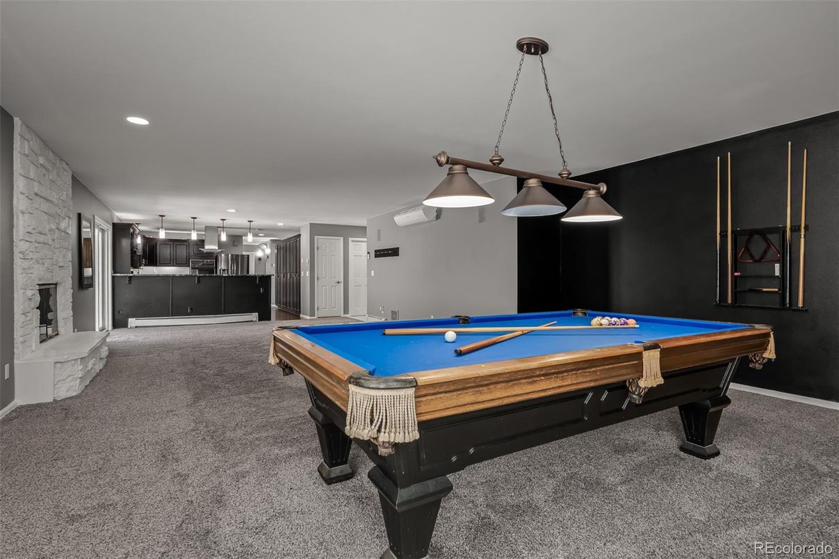 Billiard Table, Game Room, Interior, Pendant Lights, Recessed Lighting, Stone Walls