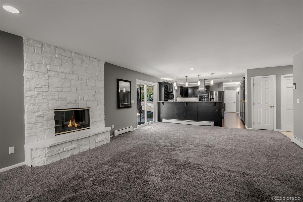 Empty room, Fireplace, Interior, Kitchen, Pendant Lights, Recessed Lighting, Stone Walls
