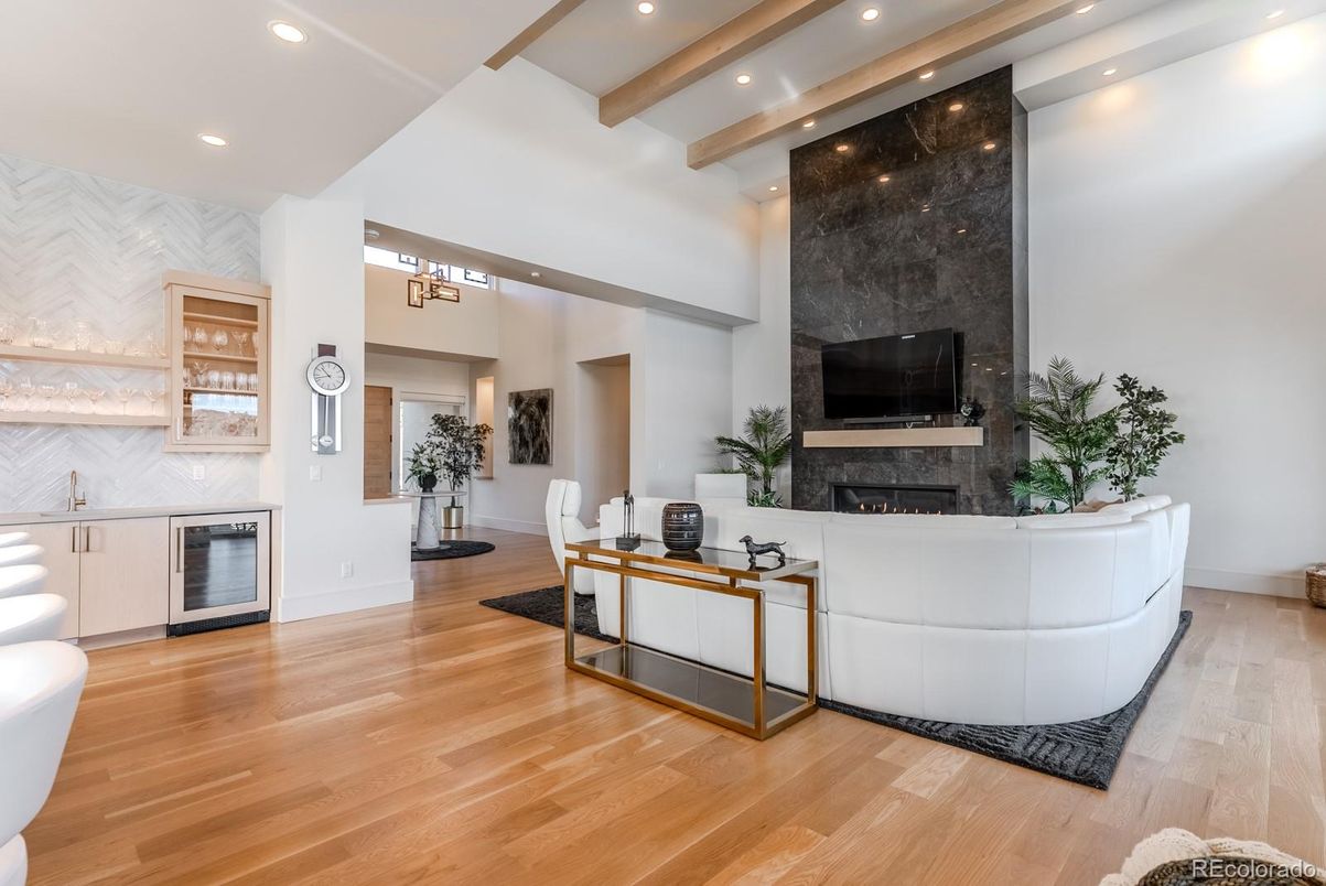 Fireplace, Interior, Living room, Recessed Lighting, Wooden Beams, Wood Texture Flooring