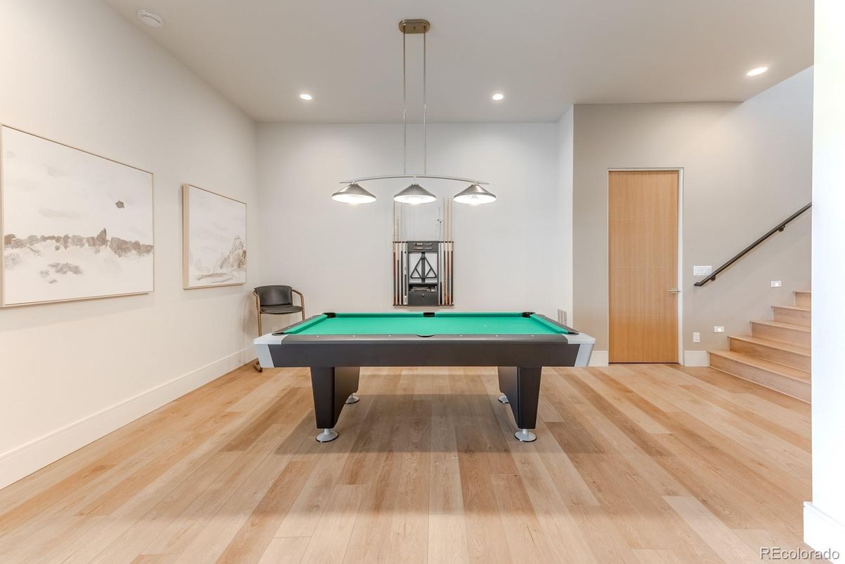 Billiard Table, Game Room, Interior, Pendant Lights, Recessed Lighting, Wood Texture Flooring