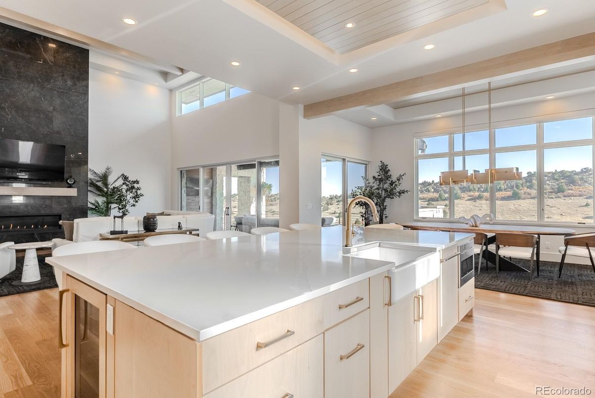 Dining room, Fireplace, Interior, Kitchen, Pendant Lights, Recessed Lighting, Wooden Beams, Wood Texture Flooring