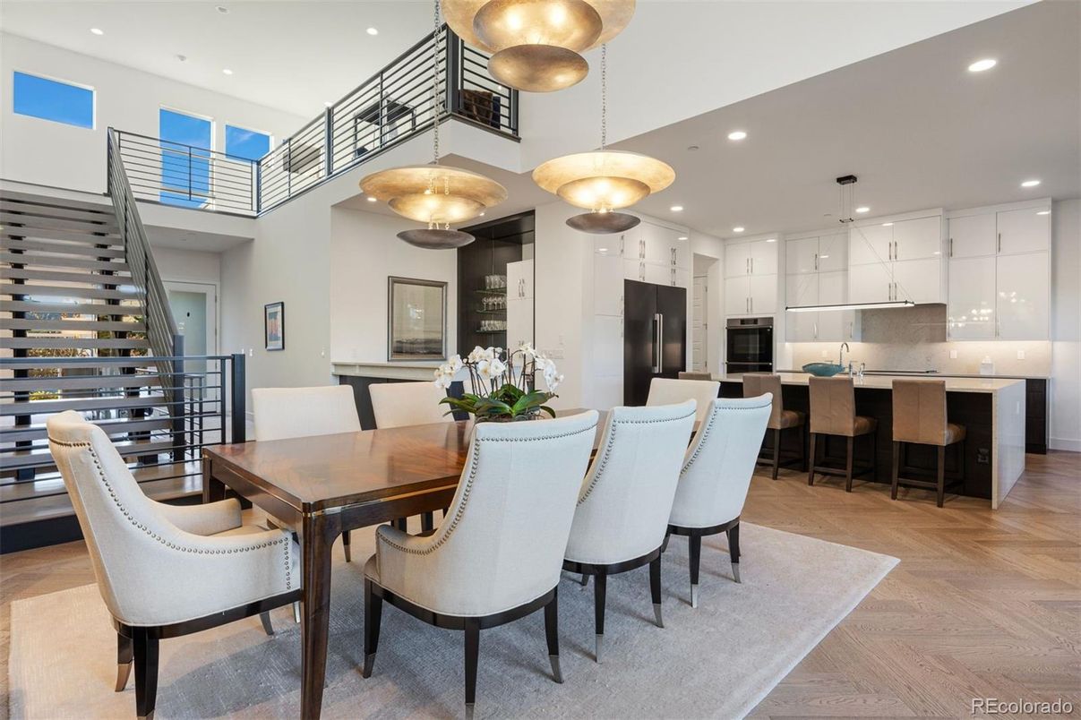 Dining room, Interior, Kitchen, Pendant Lights, Recessed Lighting, Stainless Steel Appliances, Wood Texture Flooring