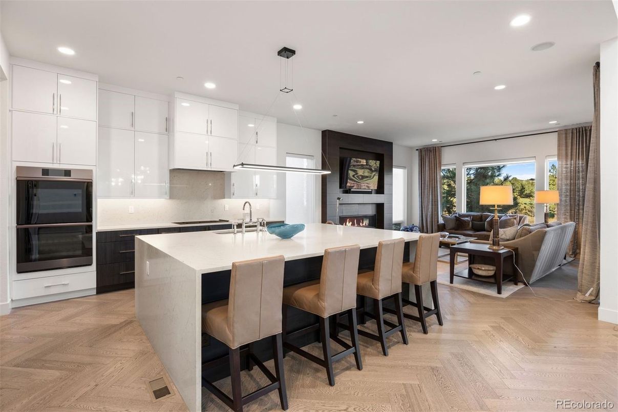 Fireplace, Interior, Kitchen, Living room, Pendant Lights, Recessed Lighting, Wood Texture Flooring