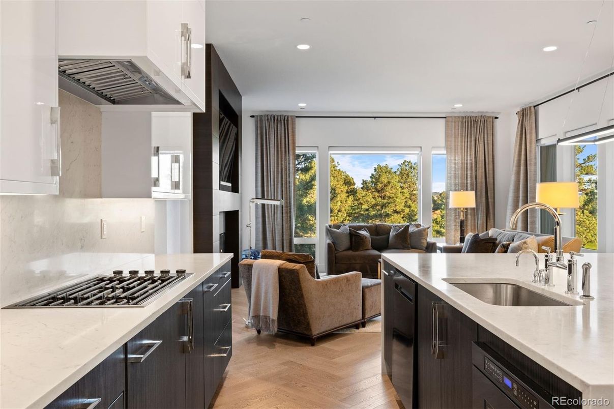 Interior, Kitchen, Living room, Recessed Lighting, Stainless Steel Appliances, Wood Texture Flooring