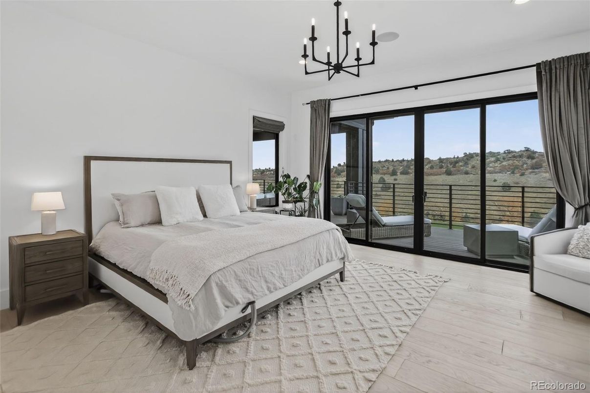Bedroom, Chandelier, Interior, Water, Wood Texture Flooring