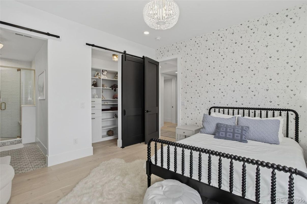 Bedroom, Chandelier, Interior, Recessed Lighting, Wood Texture Flooring