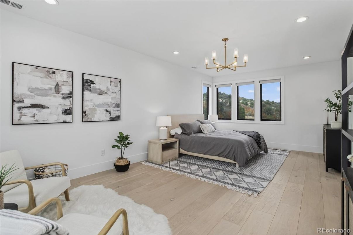 Bedroom, Interior, Pendant Lights, Recessed Lighting, Wood Texture Flooring