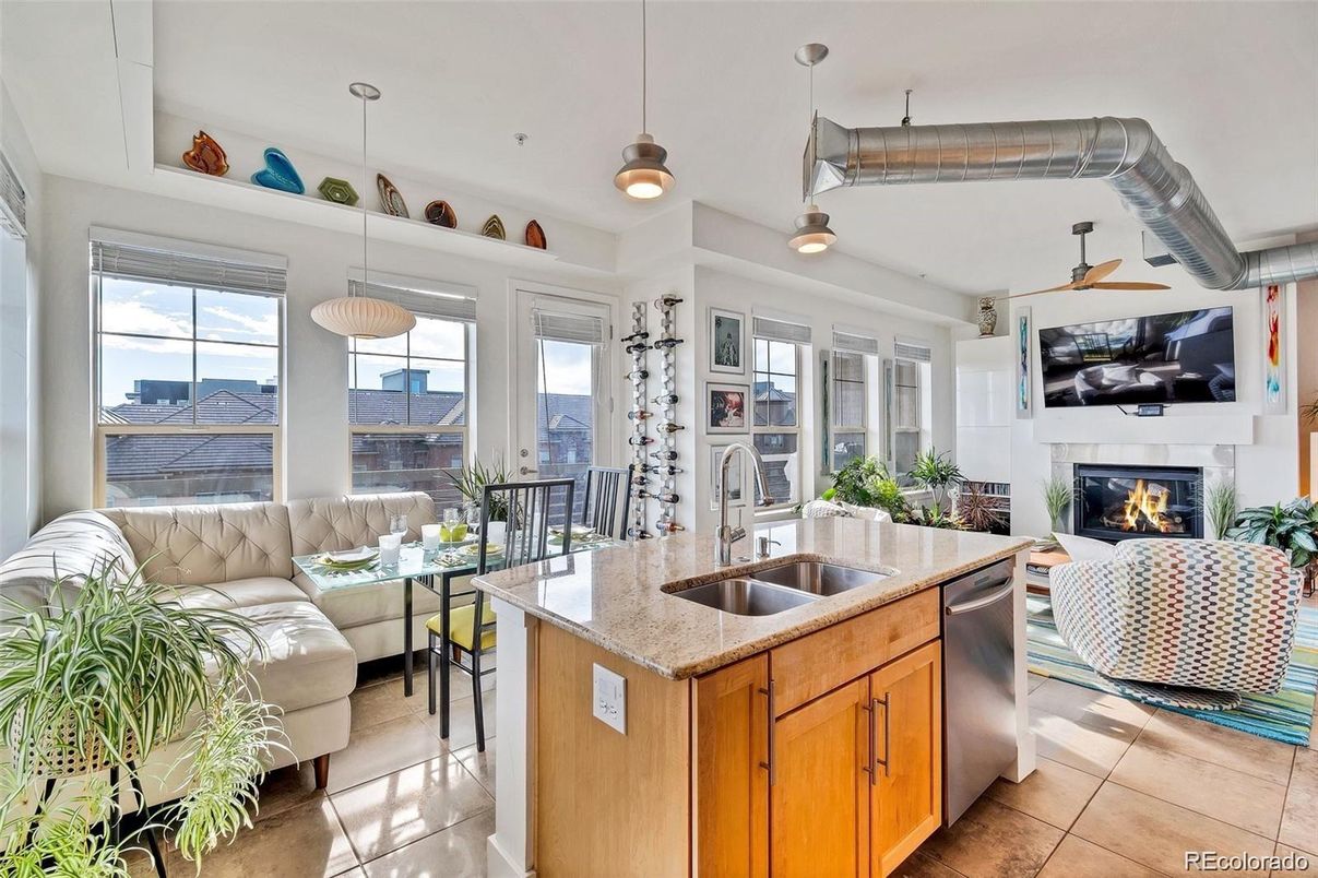 Dining room, Fireplace, Interior, Kitchen, Living room, Pendant Lights