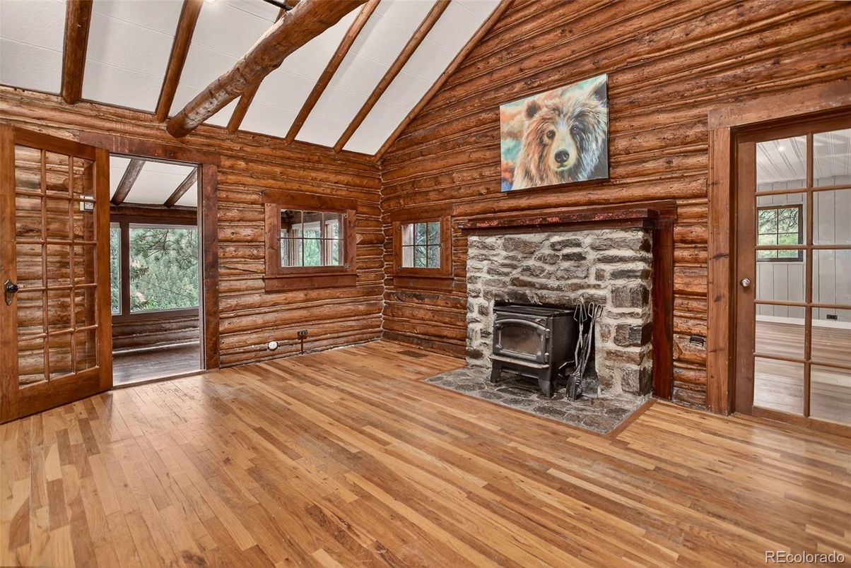 Empty room, Fireplace, Interior, Wooden Beams, Wood Texture Flooring, Wooden Walls