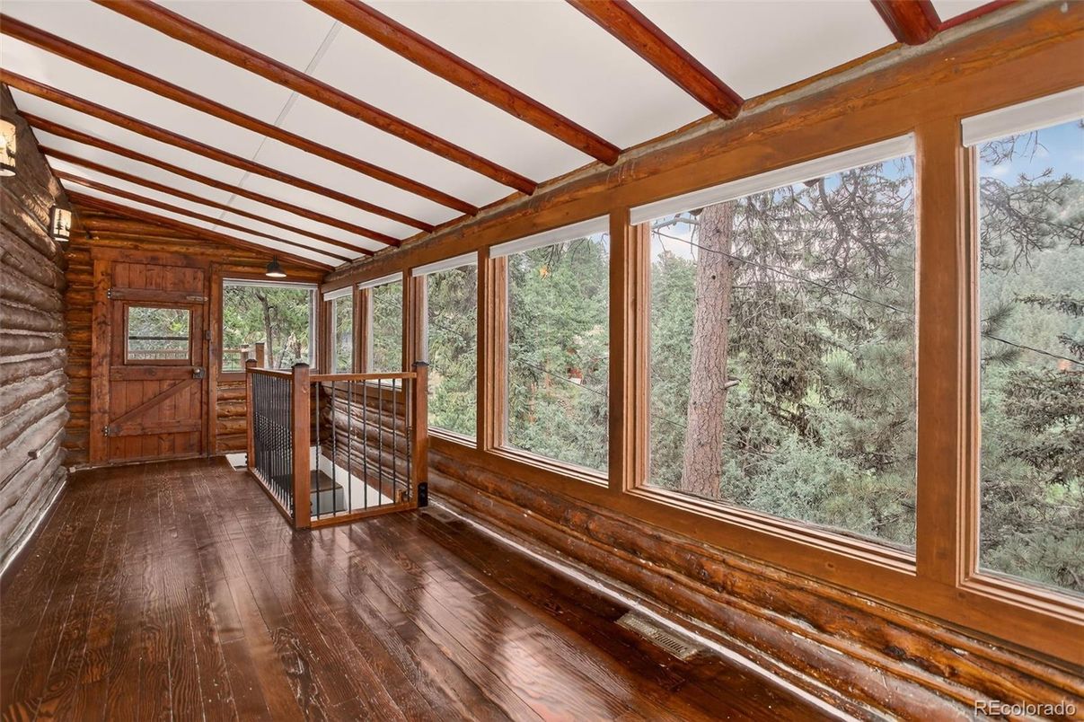 Empty room, Fireplace, Interior, Sun Room, Wooden Beams, Wood Texture Flooring, Wooden Walls