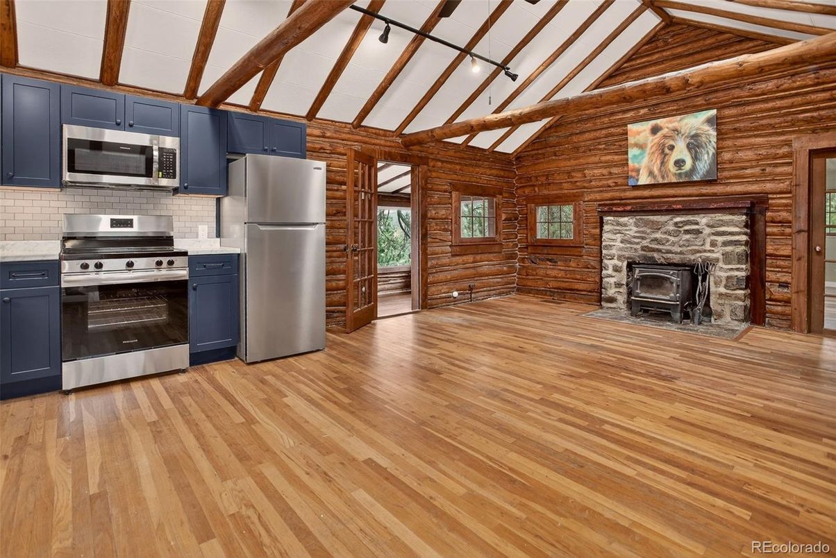 Fireplace, Interior, Kitchen, Stainless Steel Appliances, Wooden Beams, Wood Texture Flooring, Wooden Walls
