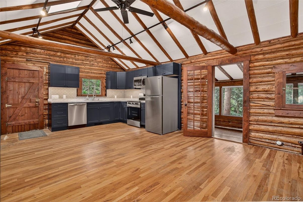 Interior, Kitchen, Stainless Steel Appliances, Wooden Beams, Wood Texture Flooring, Wooden Walls