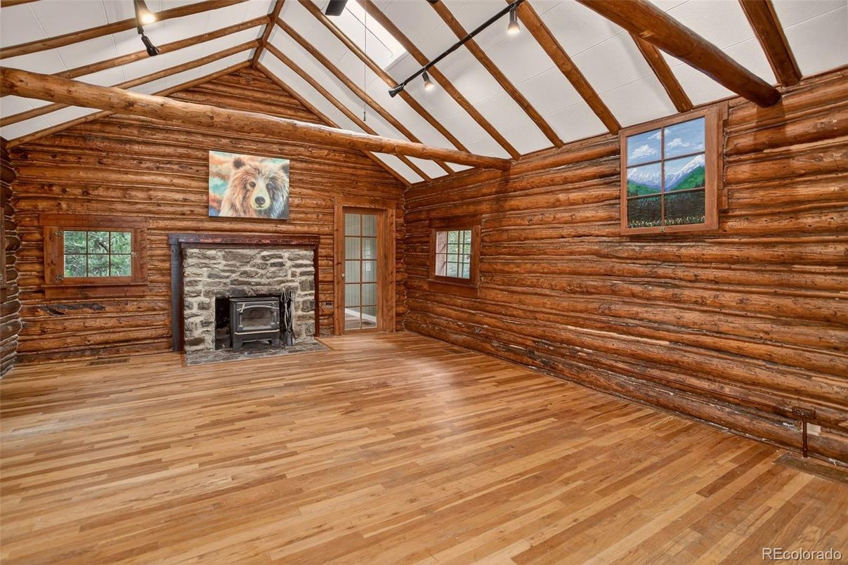 Empty room, Fireplace, Interior, Wooden Beams, Wood Texture Flooring, Wooden Walls