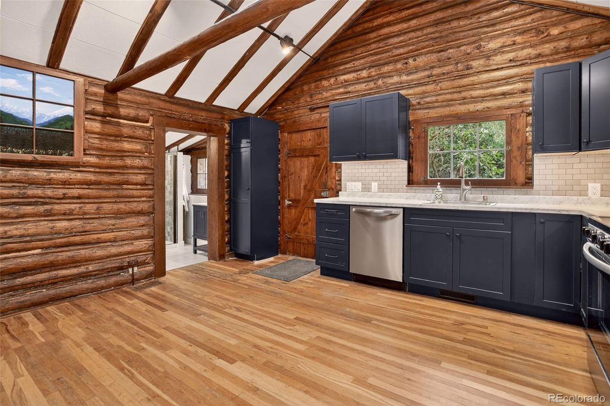 Interior, Kitchen, Stainless Steel Appliances, Wooden Beams, Wood Texture Flooring, Wooden Walls