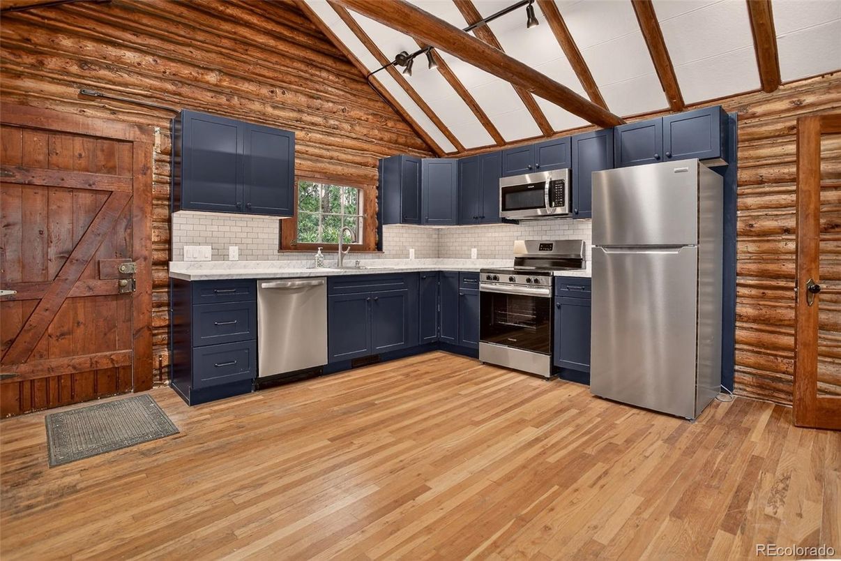 Interior, Kitchen, Stainless Steel Appliances, Wooden Beams, Wood Texture Flooring, Wooden Walls
