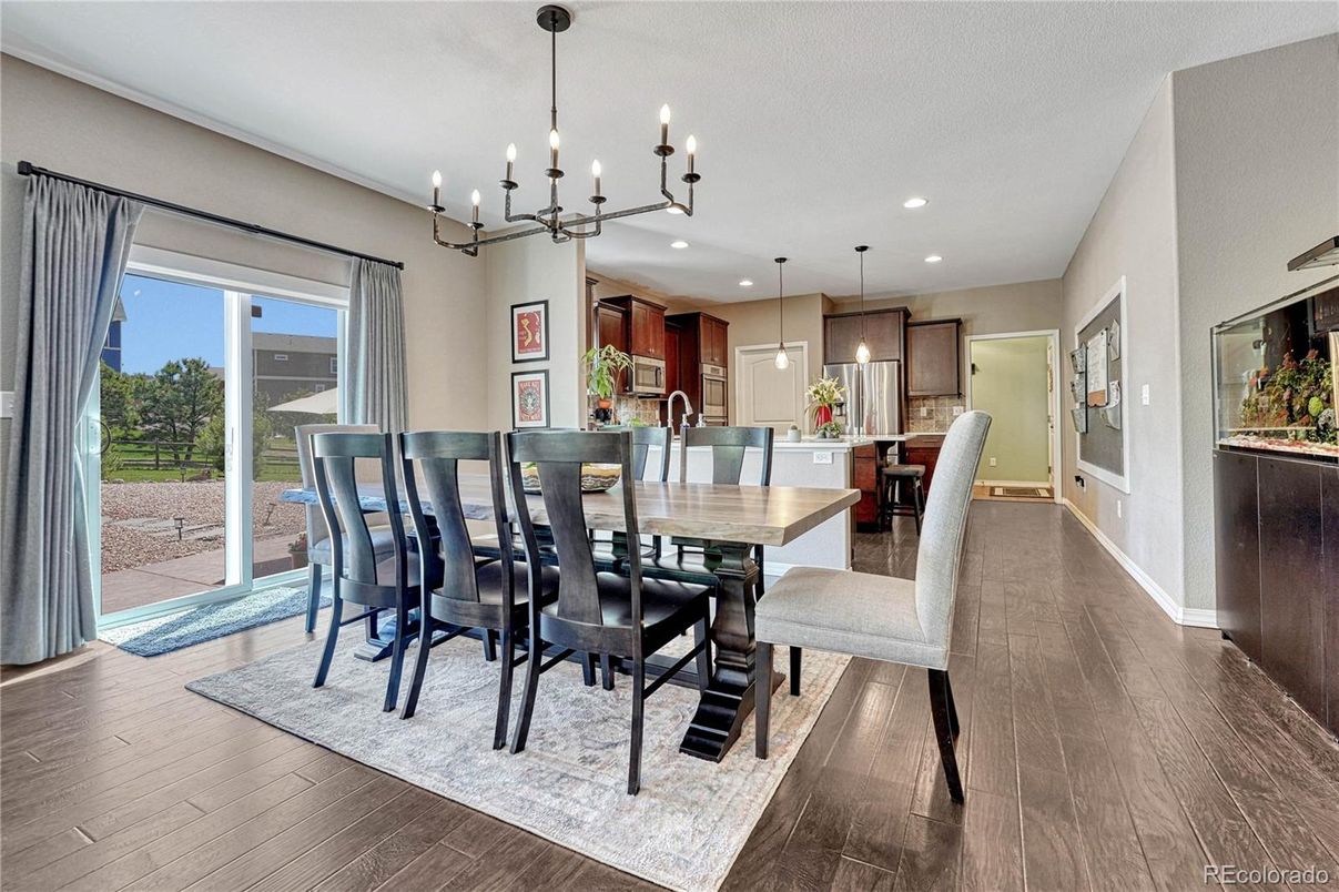 Dining room, Interior, Kitchen, Pendant Lights, Recessed Lighting, Wood Texture Flooring