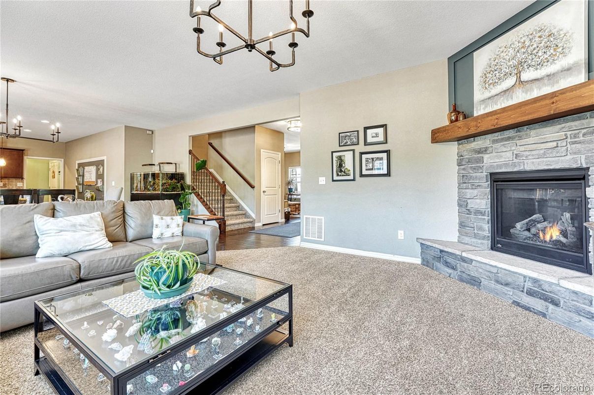 Chandelier, Fireplace, Interior, Living room, Pendant Lights, Wood Texture Flooring