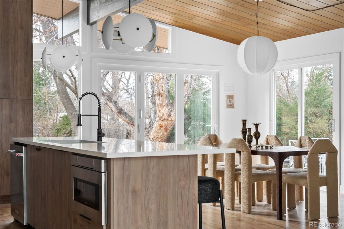 Dining room, Interior, Kitchen, Pendant Lights, Wooden Ceilings, Wood Texture Flooring