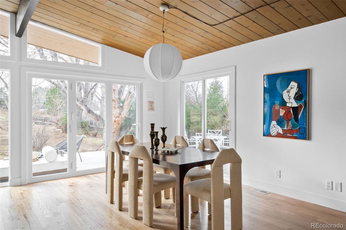 Dining room, Interior, Pendant Lights, Wooden Ceilings, Wood Texture Flooring