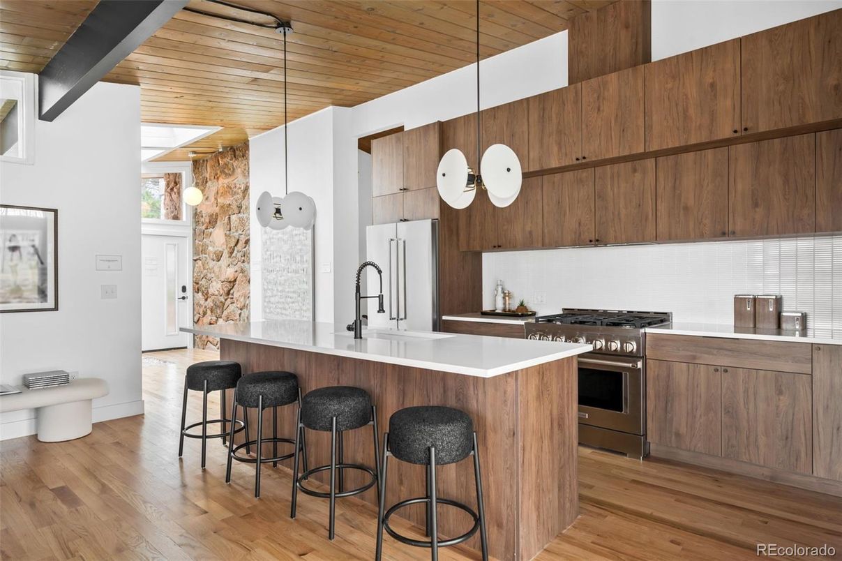 Interior, Kitchen, Pendant Lights, Stainless Steel Appliances, Wooden Ceilings, Wood Texture Flooring
