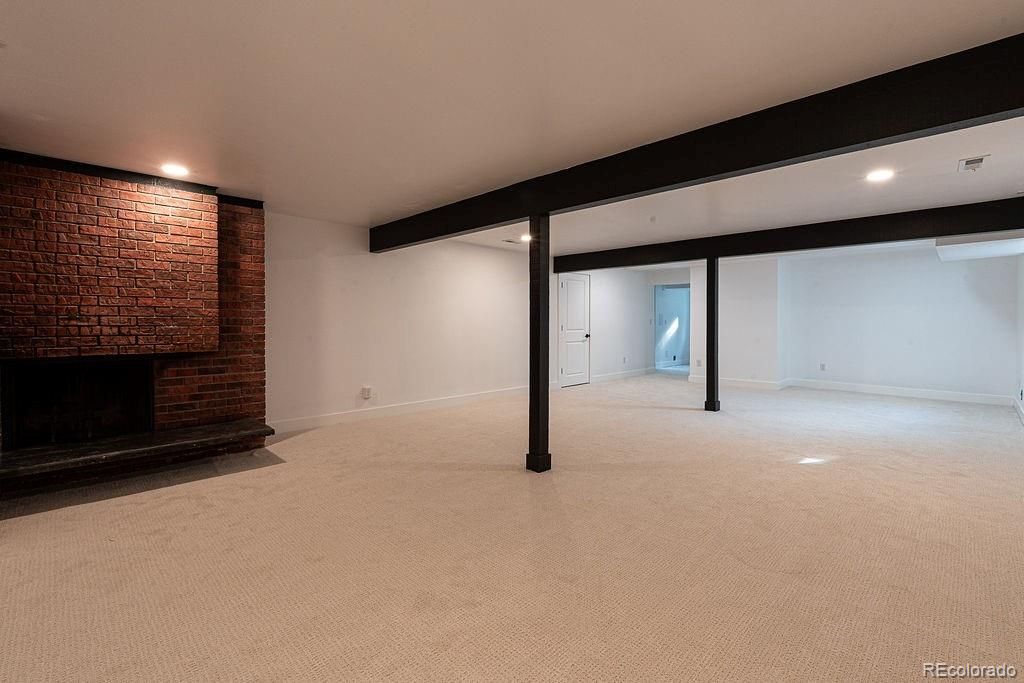 Empty room, Fireplace, Interior, Recessed Lighting, Stone Walls
