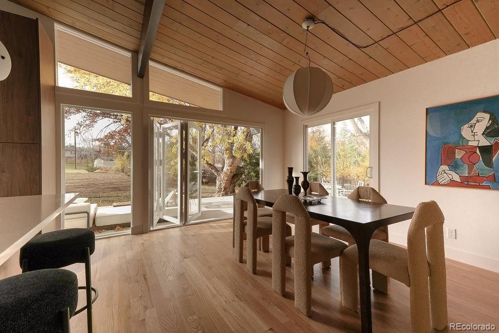 Dining room, Interior, Pendant Lights, Wooden Ceilings, Wood Texture Flooring