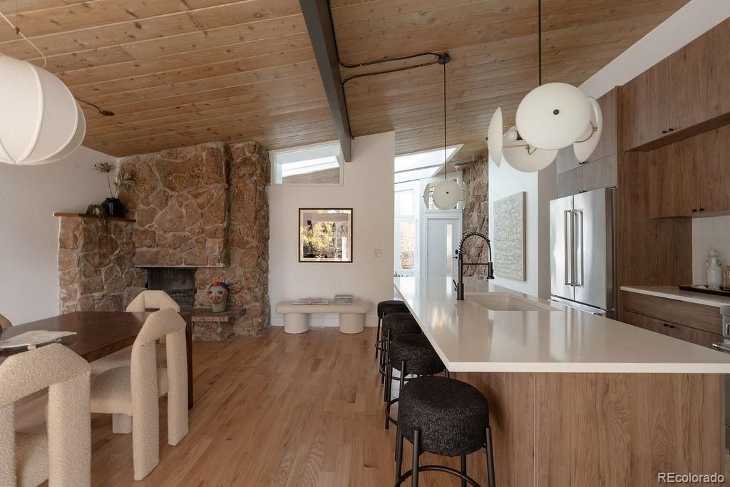 Fireplace, Interior, Kitchen, Pendant Lights, Stone Walls, Wooden Beams, Wooden Ceilings, Wood Texture Flooring