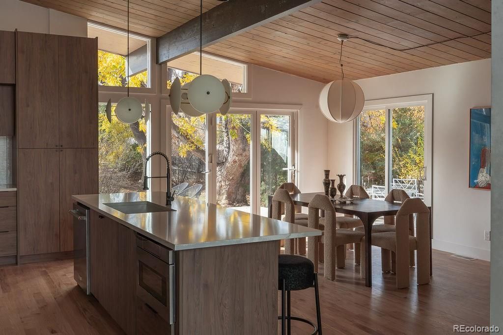 Dining room, Interior, Kitchen, Pendant Lights, Wooden Ceilings, Wood Texture Flooring