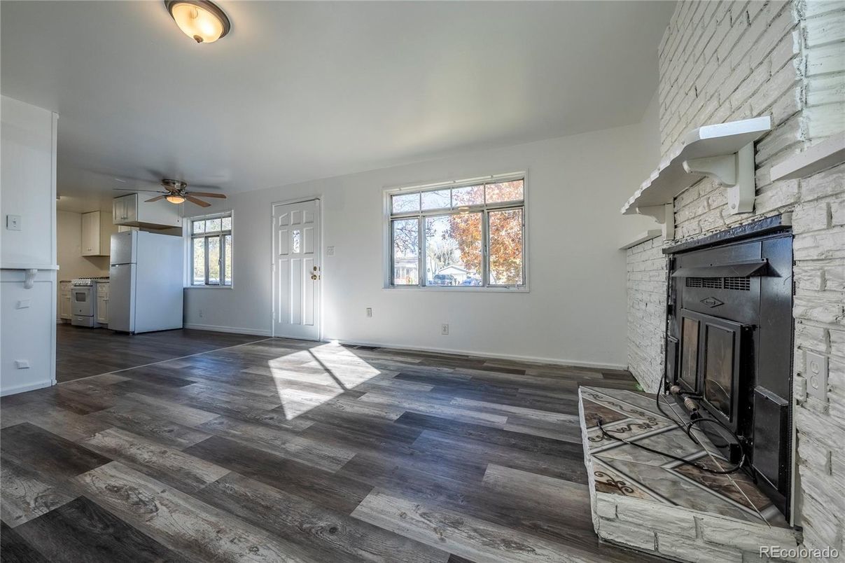 Empty room, Fireplace, Interior, Stone Walls, Wood Texture Flooring