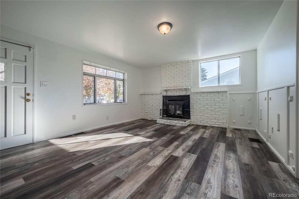 Empty room, Fireplace, Interior, Stone Walls, Wood Texture Flooring