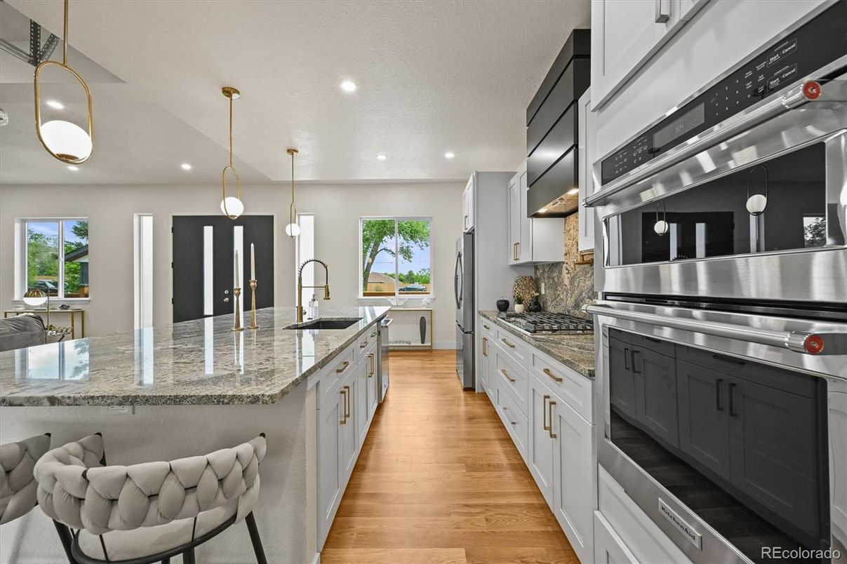 Interior, Kitchen, Pendant Lights, Recessed Lighting, Stainless Steel Appliances, Wood Texture Flooring