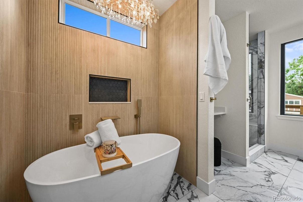 Bathroom, Chandelier, Free Standing Baths, Interior, Marble, Wooden Walls