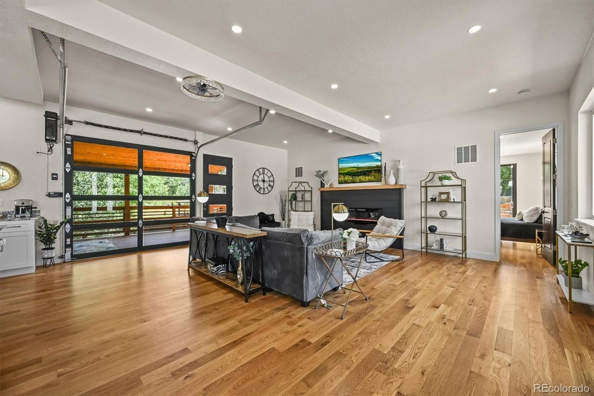 Fireplace, Interior, Living room, Recessed Lighting, Wood Texture Flooring