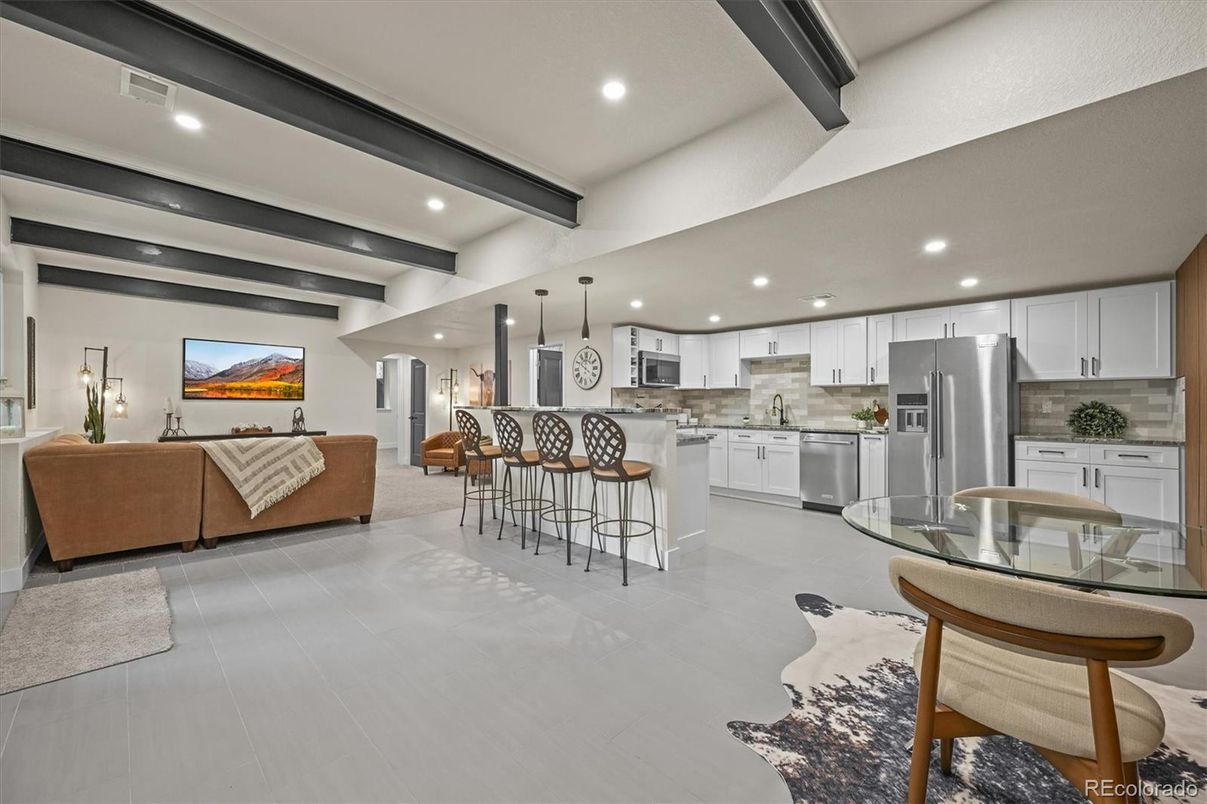 Dining room, Interior, Kitchen, Living room, Pendant Lights, Recessed Lighting, Stainless Steel Appliances, Wooden Beams