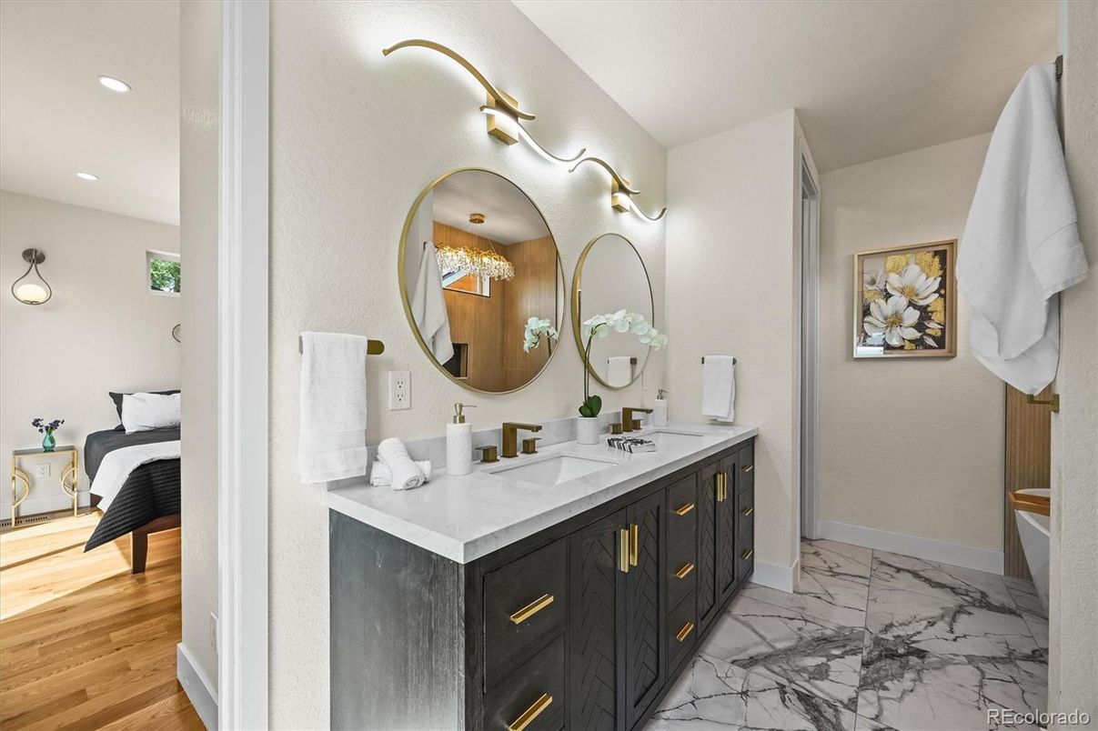 Bathroom, Bedroom, Dual Sink Vanities, Interior, Marble, Recessed Lighting, Wood Texture Flooring