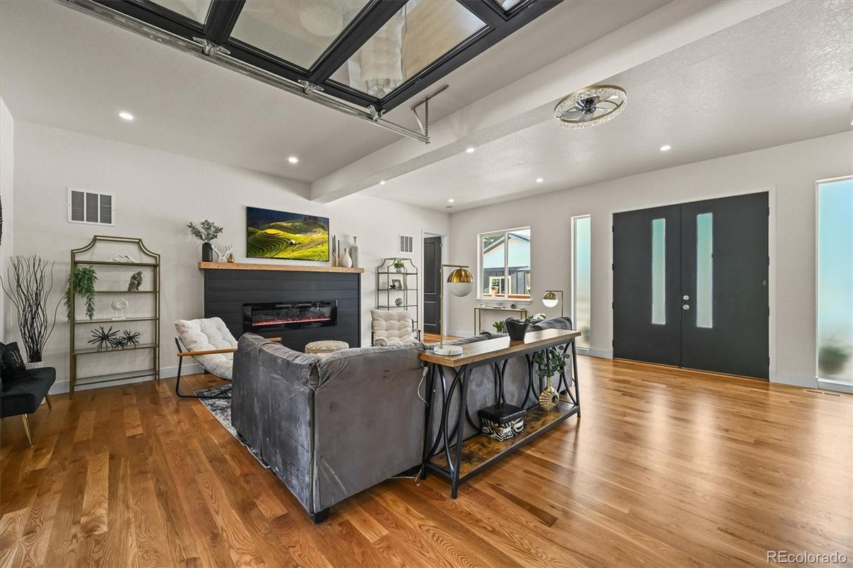 Fireplace, Interior, Recessed Lighting, Wood Texture Flooring