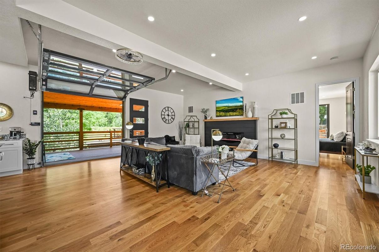 Fireplace, Interior, Living room, Recessed Lighting, Wood Texture Flooring