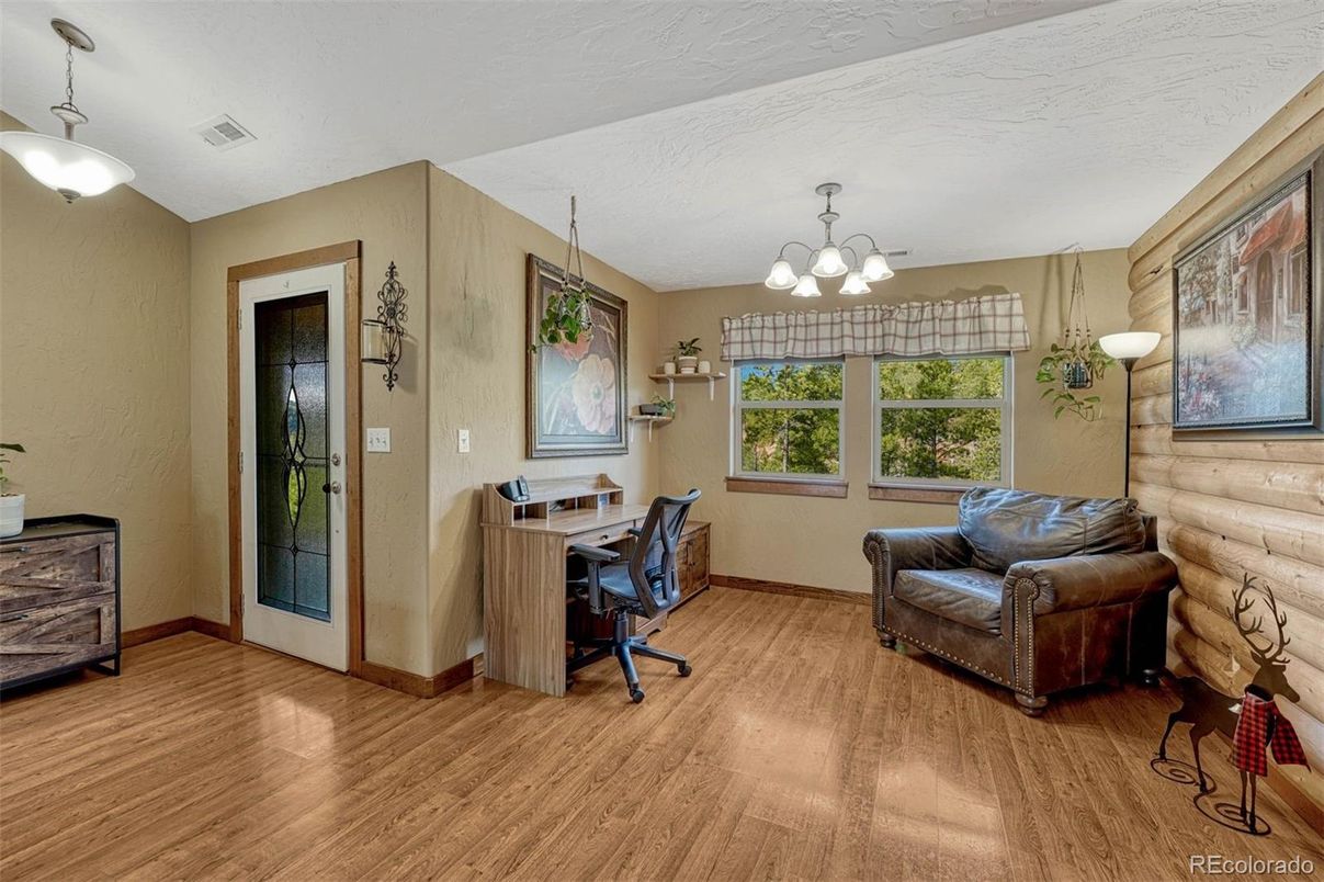 Chandelier, Home Office, Interior, Pendant Lights, Wood Texture Flooring