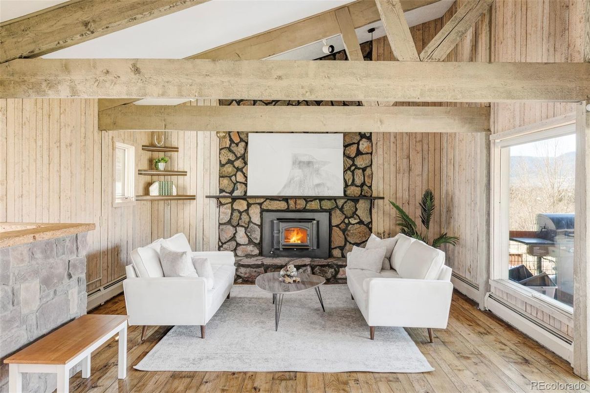 Fireplace, Interior, Living room, Stone Walls, Wooden Beams, Wood Texture Flooring, Wooden Walls